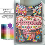 Hippie Van Camera Guitar Floral Travel Dark Background Seamless  Personalised Custom Name Super Soft Fleece Blanket Bed Sofa Throw