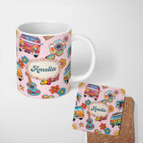 Personalized Custom Name Hippie Van Guitar Floral Travel Light Pink Background Seamless 11oz Ceramic Coffee Tea Mug White Large Handle