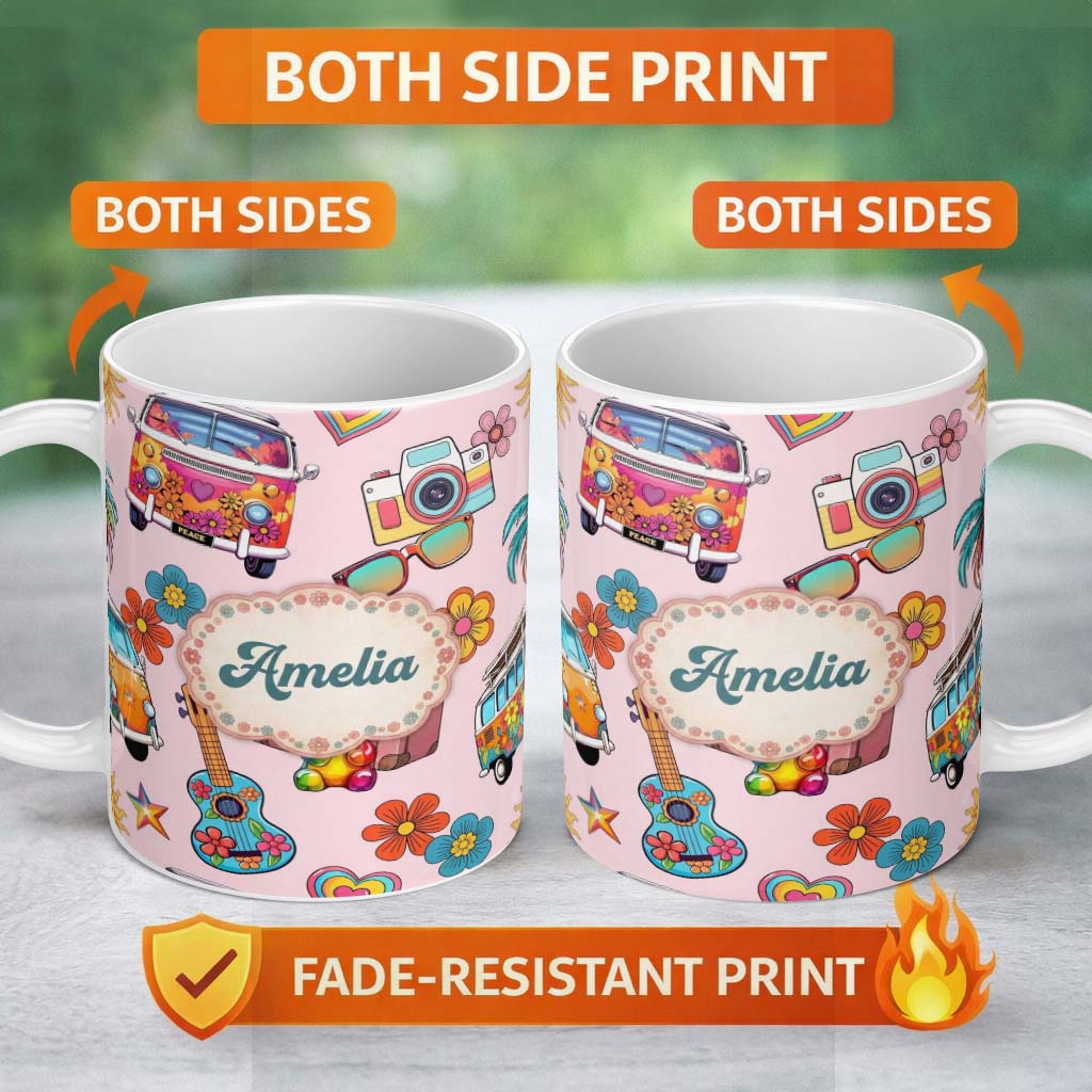 Personalized Custom Name Hippie Van Guitar Floral Travel Light Pink Background Seamless 11oz Ceramic Coffee Tea Mug White Large Handle