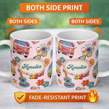 Personalized Custom Name Hippie Van Guitar Floral Travel Light Pink Background Seamless 11oz Ceramic Coffee Tea Mug White Large Handle