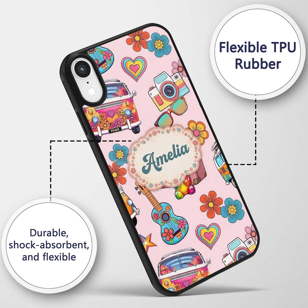 Hippie Van Guitar Floral Travel Printed Design Custom Name Protective Phone Case Mobile Cover Durable Everyday Smartphone Shock Resistant