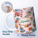 Personalized Custom Name Hippie Van Guitar Floral Travel Light Pink Background Seamless 11oz Ceramic Coffee Tea Mug White Large Handle