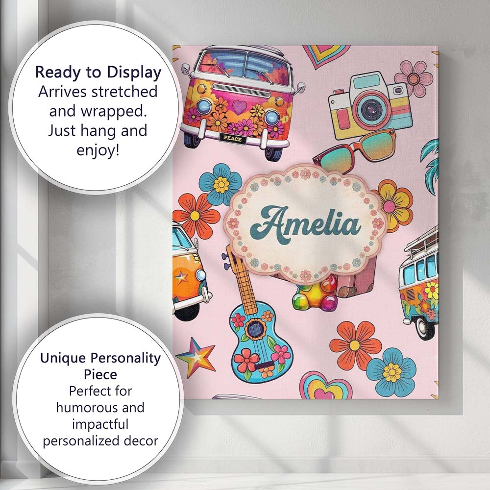 Personalised Name Hippie Van Guitar Floral Custom  Unique Gift Idea Elegant Feature Canvas Wall Art Print Decor Picture Ready to Hang