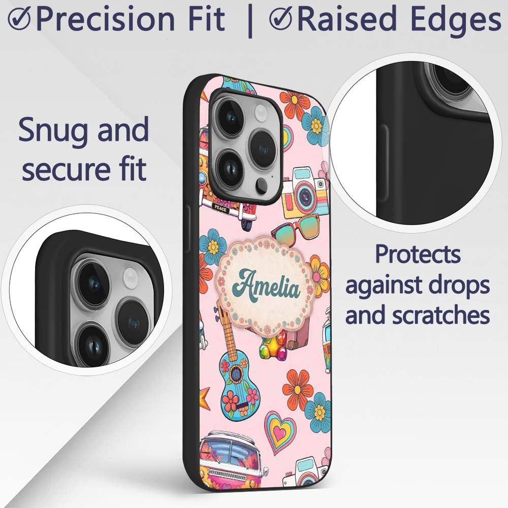Hippie Van Guitar Floral Travel Printed Design Custom Name Protective Phone Case Mobile Cover Durable Everyday Smartphone Shock Resistant