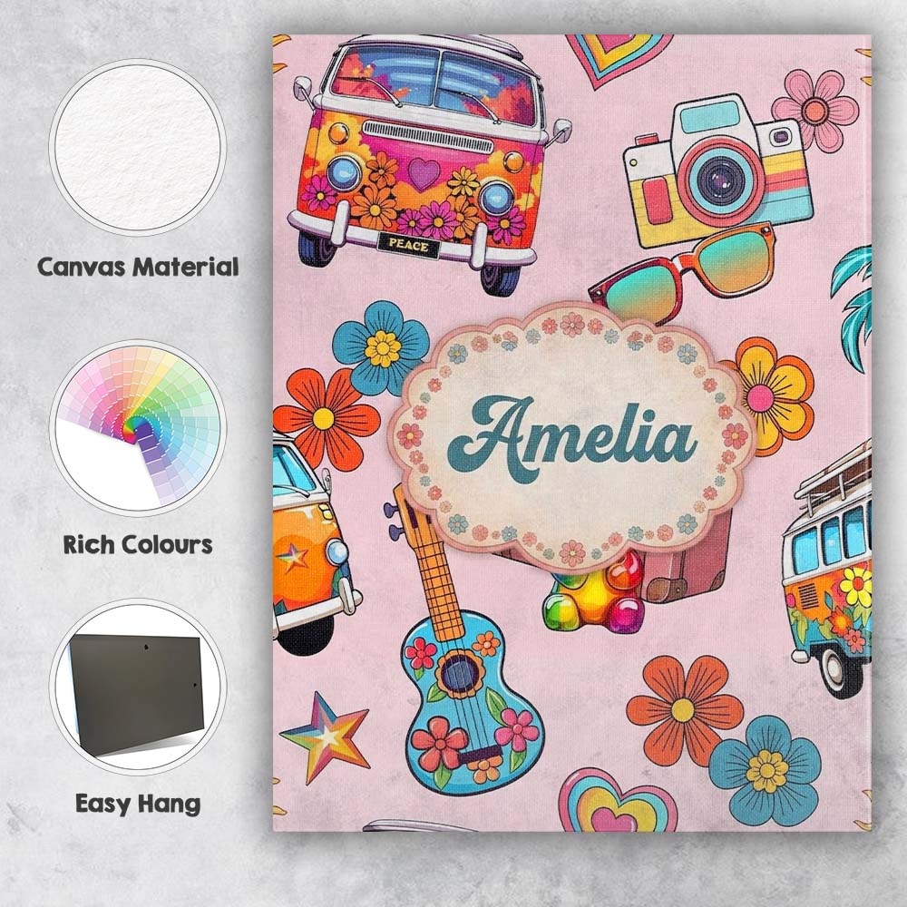 Personalised Name Hippie Van Guitar Floral Custom  Unique Gift Idea Elegant Feature Canvas Wall Art Print Decor Picture Ready to Hang