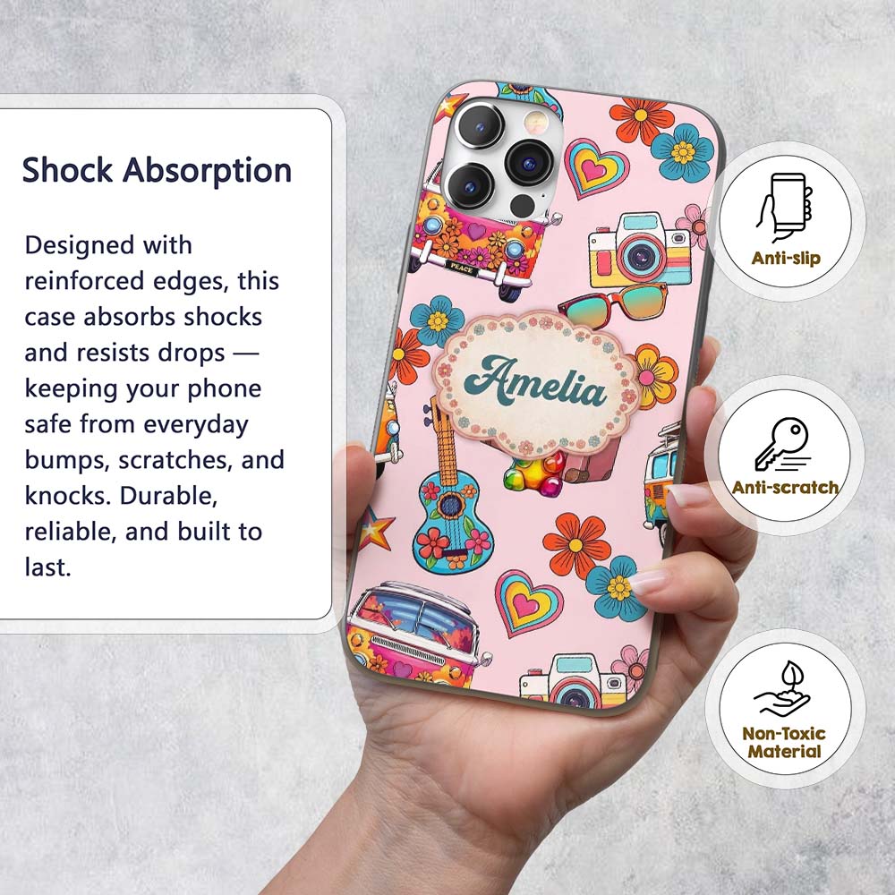 Hippie Van Guitar Floral Travel Printed Design Custom Name Protective Phone Case Mobile Cover Durable Everyday Smartphone Shock Resistant