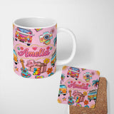Personalized Custom Name Hippie Van Guitar Floral Travel Soft Pink Background Seamless 11oz Ceramic Coffee Tea Mug White Large Handle