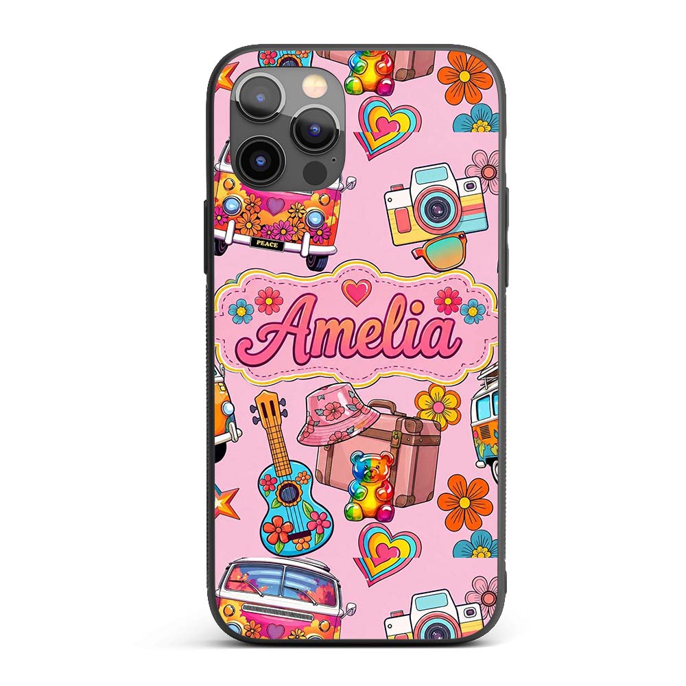 Hippie Van Guitar Floral Travel Printed Design Custom Name Protective Phone Case Mobile Cover Durable Everyday Smartphone Shock Resistant