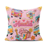Custom Name Hippie Van Guitar Floral Travel Soft Pink Background Square Filled Cushion Throw Pillow Sofa Bed Home Decor Zip Washable UK Made