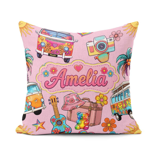 Custom Name Hippie Van Guitar Floral Travel Soft Pink Background Square Filled Cushion Throw Pillow Sofa Bed Home Decor Zip Washable UK Made