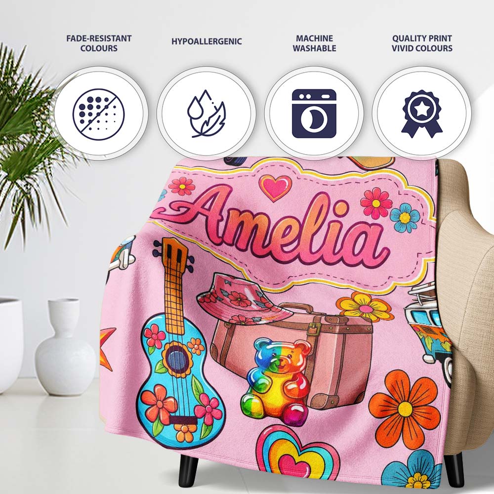 Hippie Van Guitar Floral Travel Soft Pink Background Seamless  Personalised Custom Name Super Soft Fleece Blanket Bed Sofa Throw