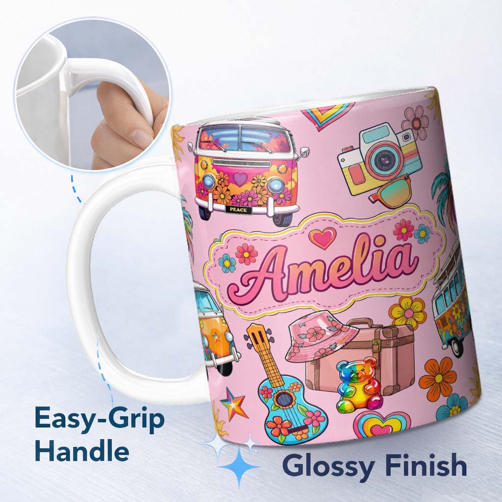 Personalized Custom Name Hippie Van Guitar Floral Travel Soft Pink Background Seamless 11oz Ceramic Coffee Tea Mug White Large Handle