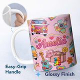 Personalized Custom Name Hippie Van Guitar Floral Travel Soft Pink Background Seamless 11oz Ceramic Coffee Tea Mug White Large Handle