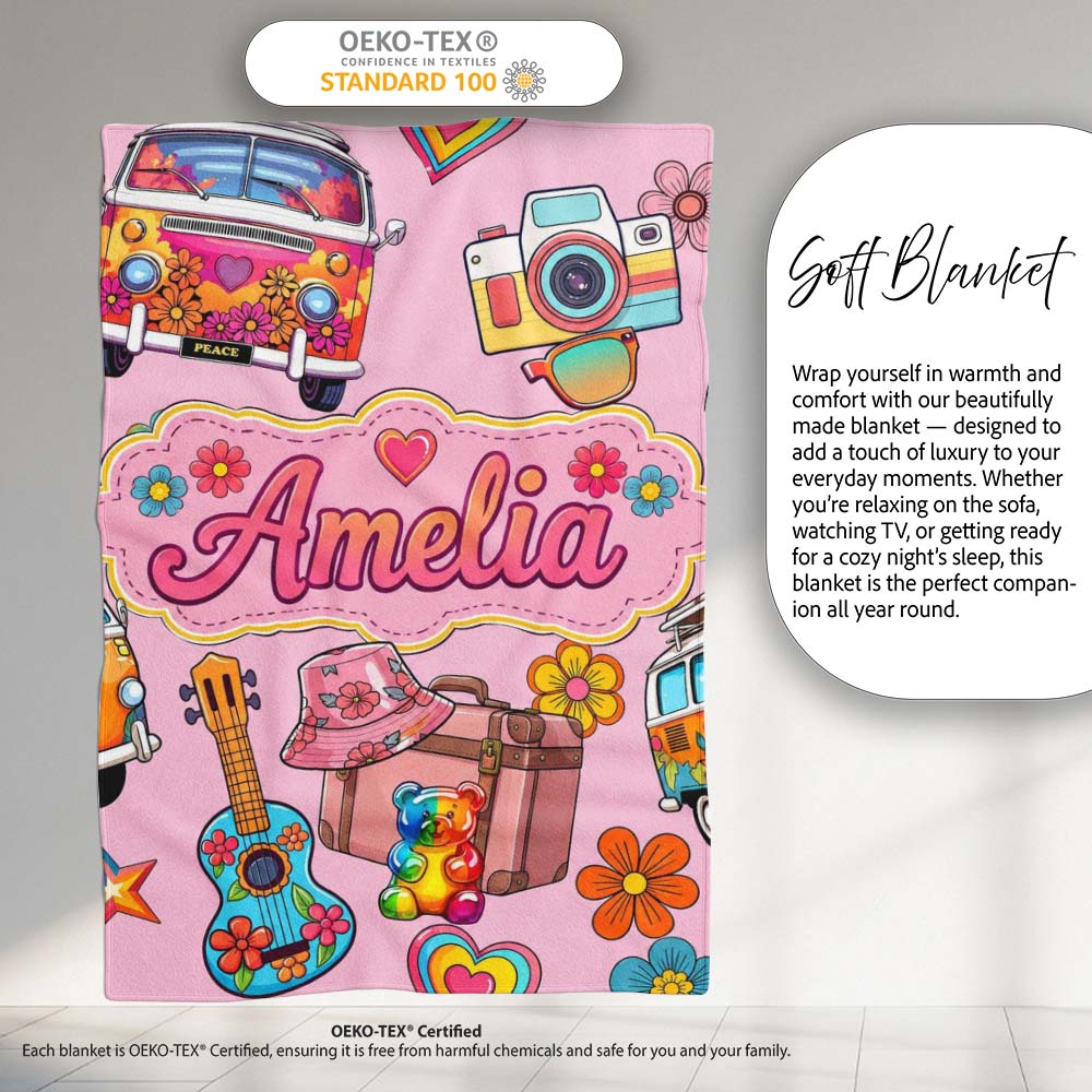 Hippie Van Guitar Floral Travel Soft Pink Background Seamless  Personalised Custom Name Super Soft Fleece Blanket Bed Sofa Throw