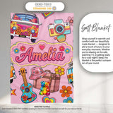 Hippie Van Guitar Floral Travel Soft Pink Background Seamless  Personalised Custom Name Super Soft Fleece Blanket Bed Sofa Throw