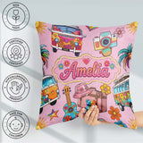 Custom Name Hippie Van Guitar Floral Travel Soft Pink Background Square Filled Cushion Throw Pillow Sofa Bed Home Decor Zip Washable UK Made