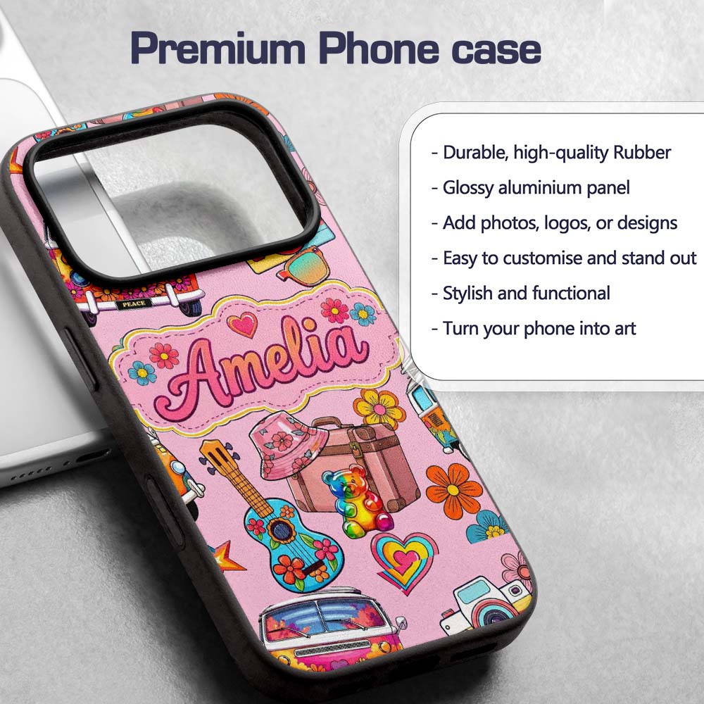Hippie Van Guitar Floral Travel Printed Design Custom Name Protective Phone Case Mobile Cover Durable Everyday Smartphone Shock Resistant