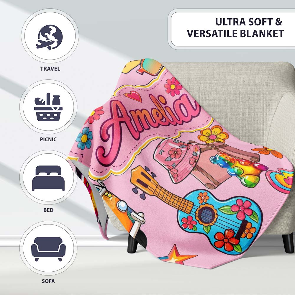 Hippie Van Guitar Floral Travel Soft Pink Background Seamless  Personalised Custom Name Super Soft Fleece Blanket Bed Sofa Throw