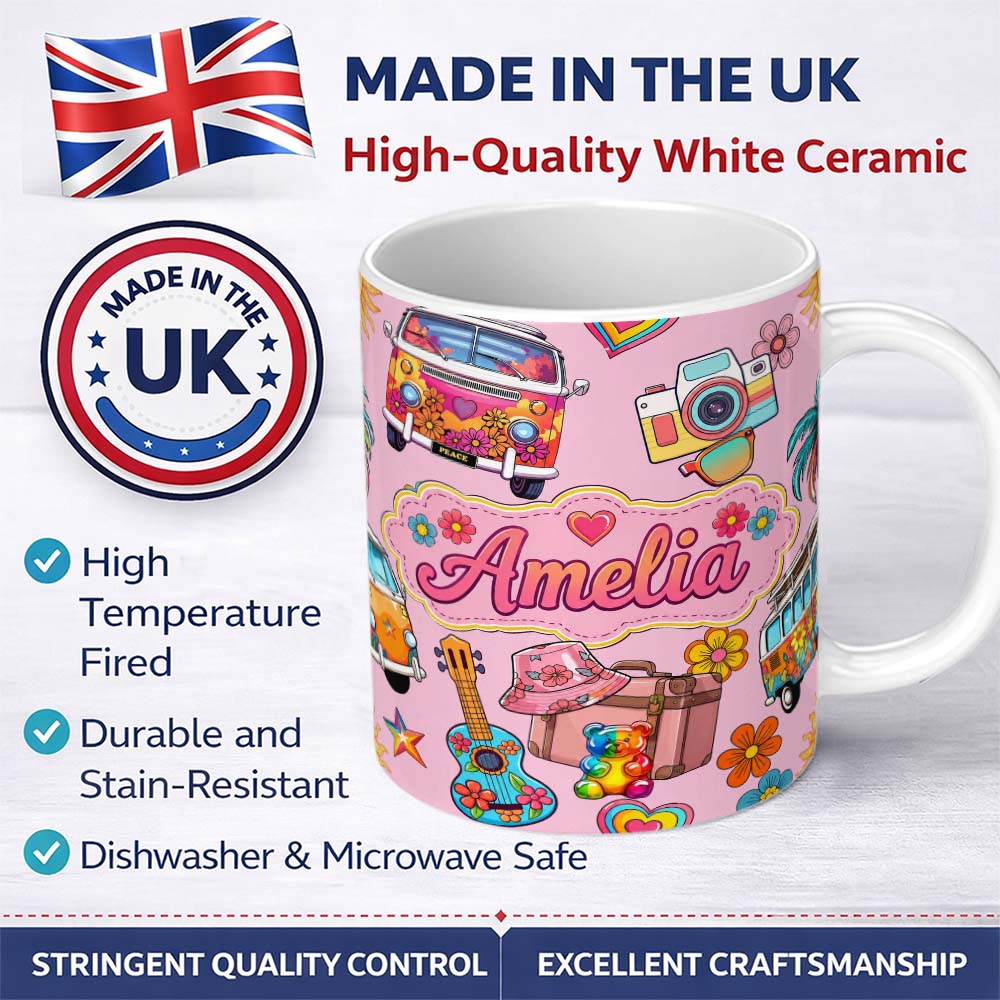 Personalized Custom Name Hippie Van Guitar Floral Travel Soft Pink Background Seamless 11oz Ceramic Coffee Tea Mug White Large Handle