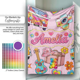 Hippie Van Guitar Floral Travel Soft Pink Background Seamless  Personalised Custom Name Super Soft Fleece Blanket Bed Sofa Throw