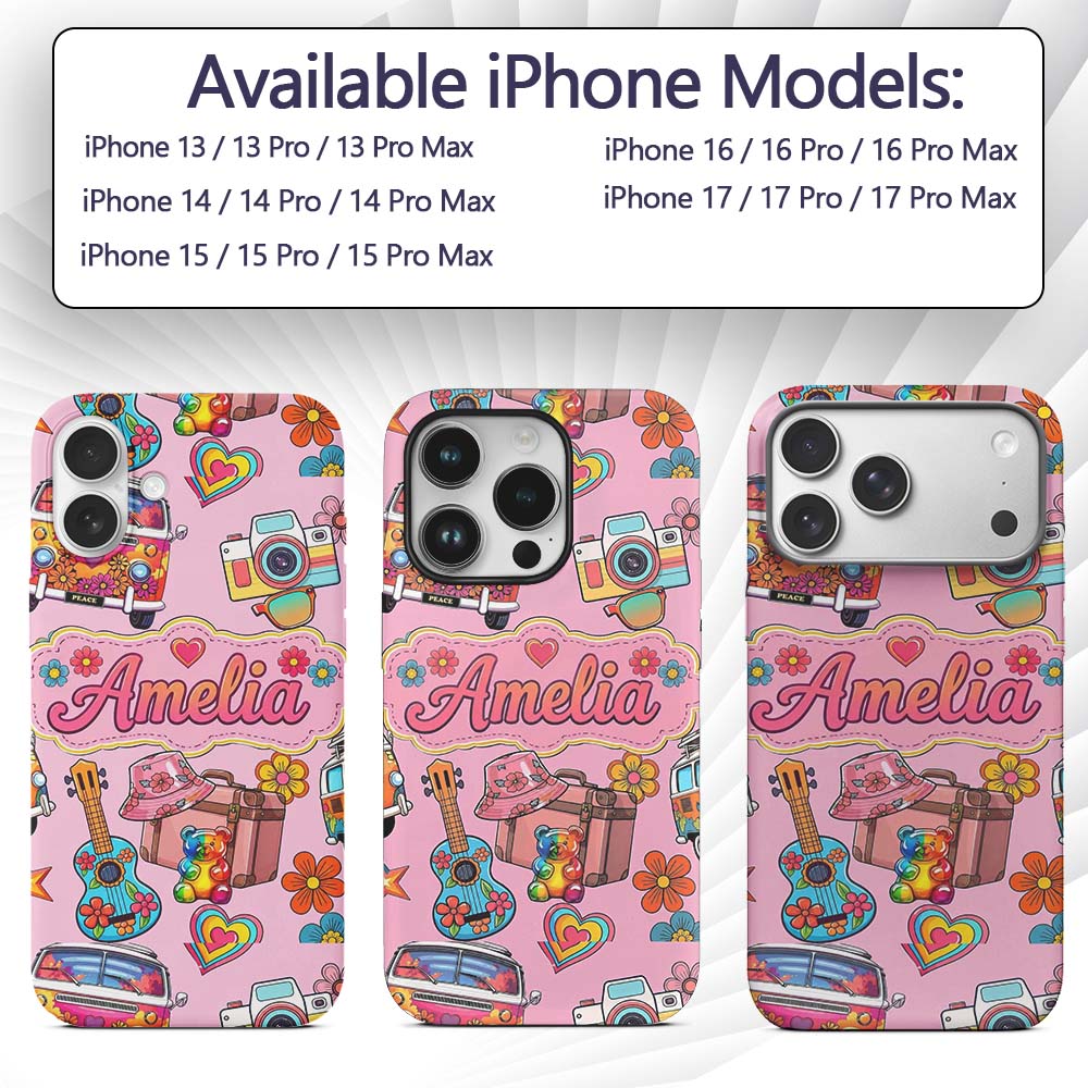 Hippie Van Guitar Floral Travel Printed Design Custom Name Protective Phone Case Mobile Cover Durable Everyday Smartphone Shock Resistant
