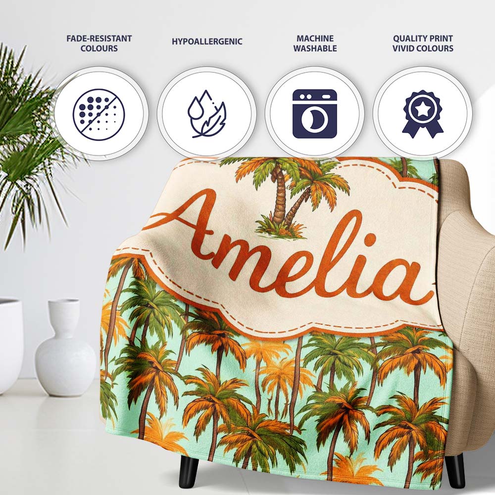 Tropical Palm Tree Summer Beach Seamless Pattern on Mint Background  Personalised Custom Name Super Soft Fleece Blanket Bed Sofa Throw