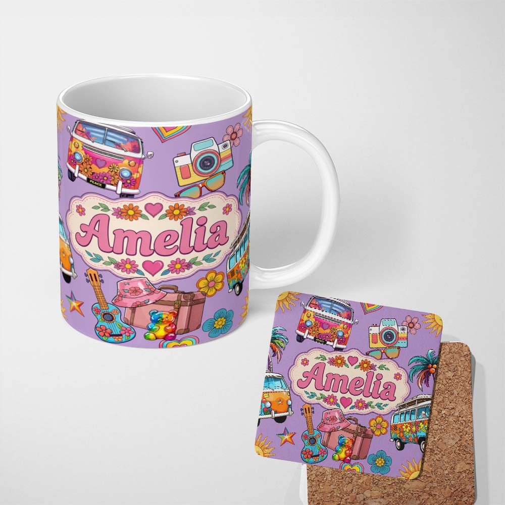 Personalized Custom Name Hippie Van Guitar Floral Travel Purple Background Seamless Pattern 11oz Ceramic Coffee Tea Mug White Large Handle