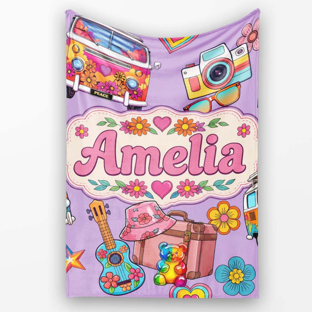 Hippie Van Guitar Floral Travel Purple Background Seamless Pattern  Personalised Custom Name Super Soft Fleece Blanket Bed Sofa Throw