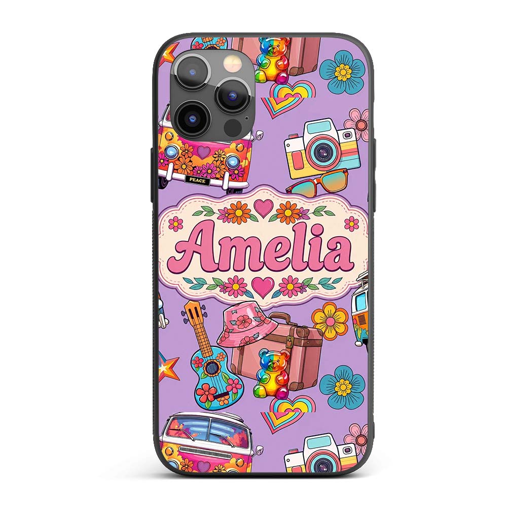 Hippie Van Guitar Floral Travel Purple Background Custom Name Protective Phone Case Mobile Cover Durable Everyday Smartphone Shock Resistant