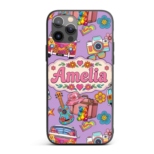 Hippie Van Guitar Floral Travel Purple Background Custom Name Protective Phone Case Mobile Cover Durable Everyday Smartphone Shock Resistant