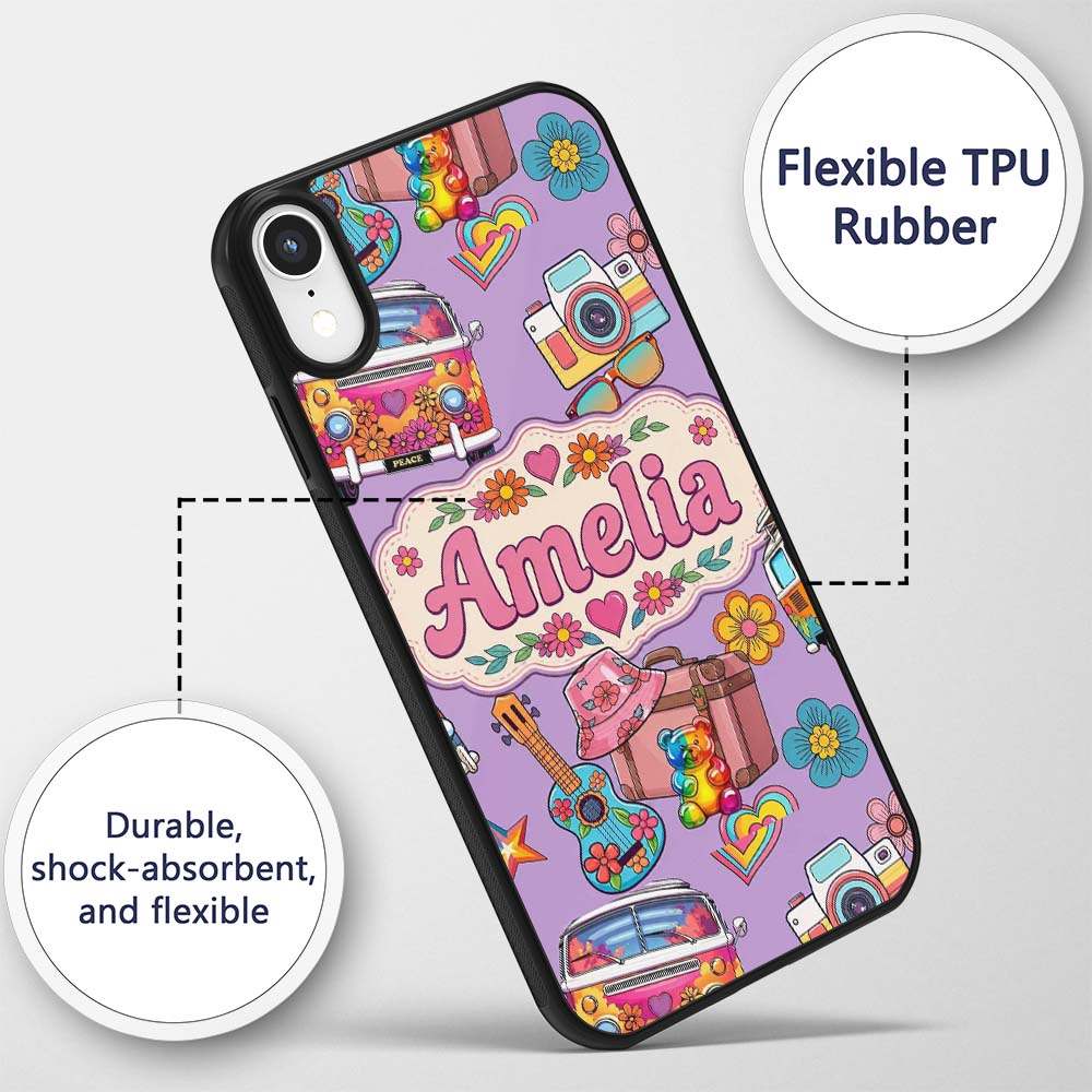 Hippie Van Guitar Floral Travel Purple Background Custom Name Protective Phone Case Mobile Cover Durable Everyday Smartphone Shock Resistant