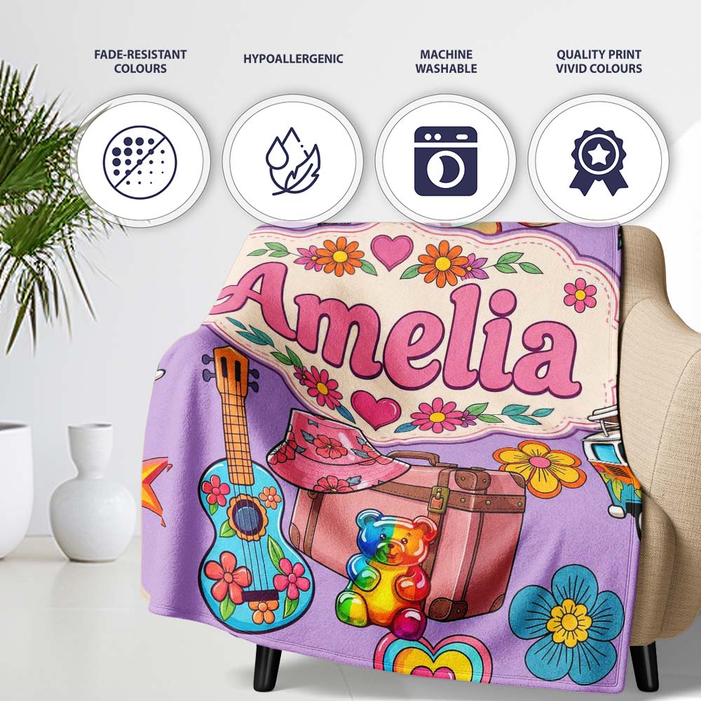 Hippie Van Guitar Floral Travel Purple Background Seamless Pattern  Personalised Custom Name Super Soft Fleece Blanket Bed Sofa Throw