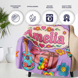 Hippie Van Guitar Floral Travel Purple Background Seamless Pattern  Personalised Custom Name Super Soft Fleece Blanket Bed Sofa Throw