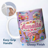 Personalized Custom Name Hippie Van Guitar Floral Travel Purple Background Seamless Pattern 11oz Ceramic Coffee Tea Mug White Large Handle