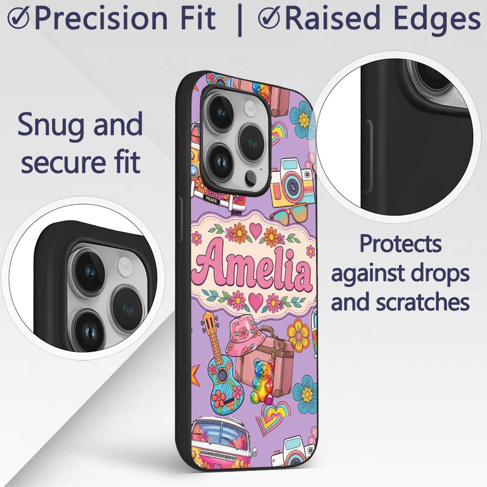 Hippie Van Guitar Floral Travel Purple Background Custom Name Protective Phone Case Mobile Cover Durable Everyday Smartphone Shock Resistant