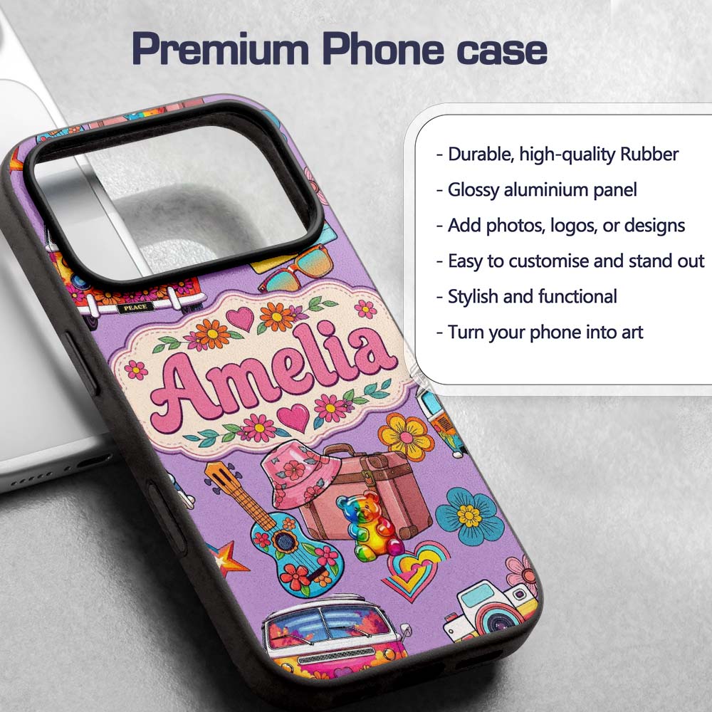Hippie Van Guitar Floral Travel Purple Background Custom Name Protective Phone Case Mobile Cover Durable Everyday Smartphone Shock Resistant