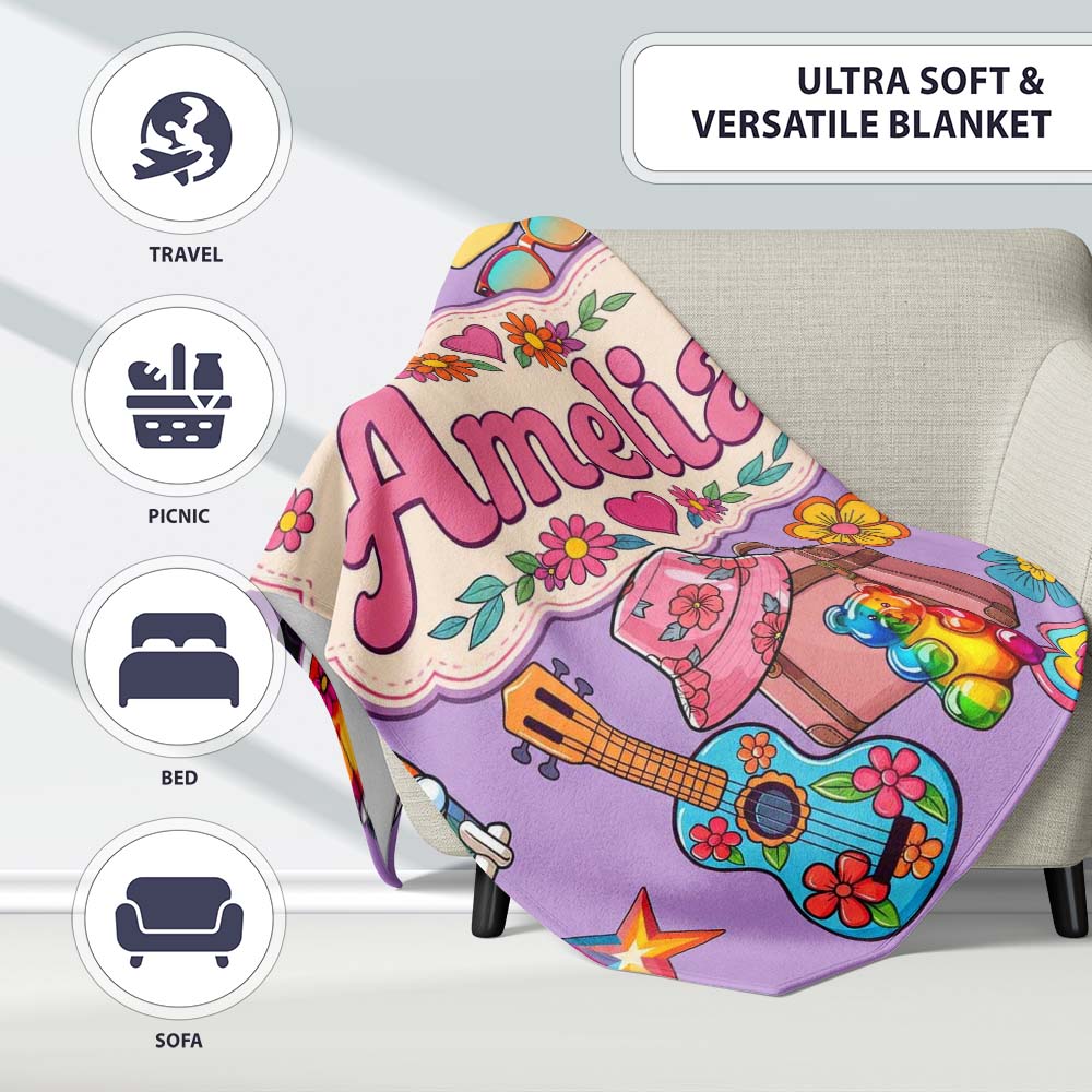 Hippie Van Guitar Floral Travel Purple Background Seamless Pattern  Personalised Custom Name Super Soft Fleece Blanket Bed Sofa Throw