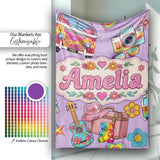 Hippie Van Guitar Floral Travel Purple Background Seamless Pattern  Personalised Custom Name Super Soft Fleece Blanket Bed Sofa Throw