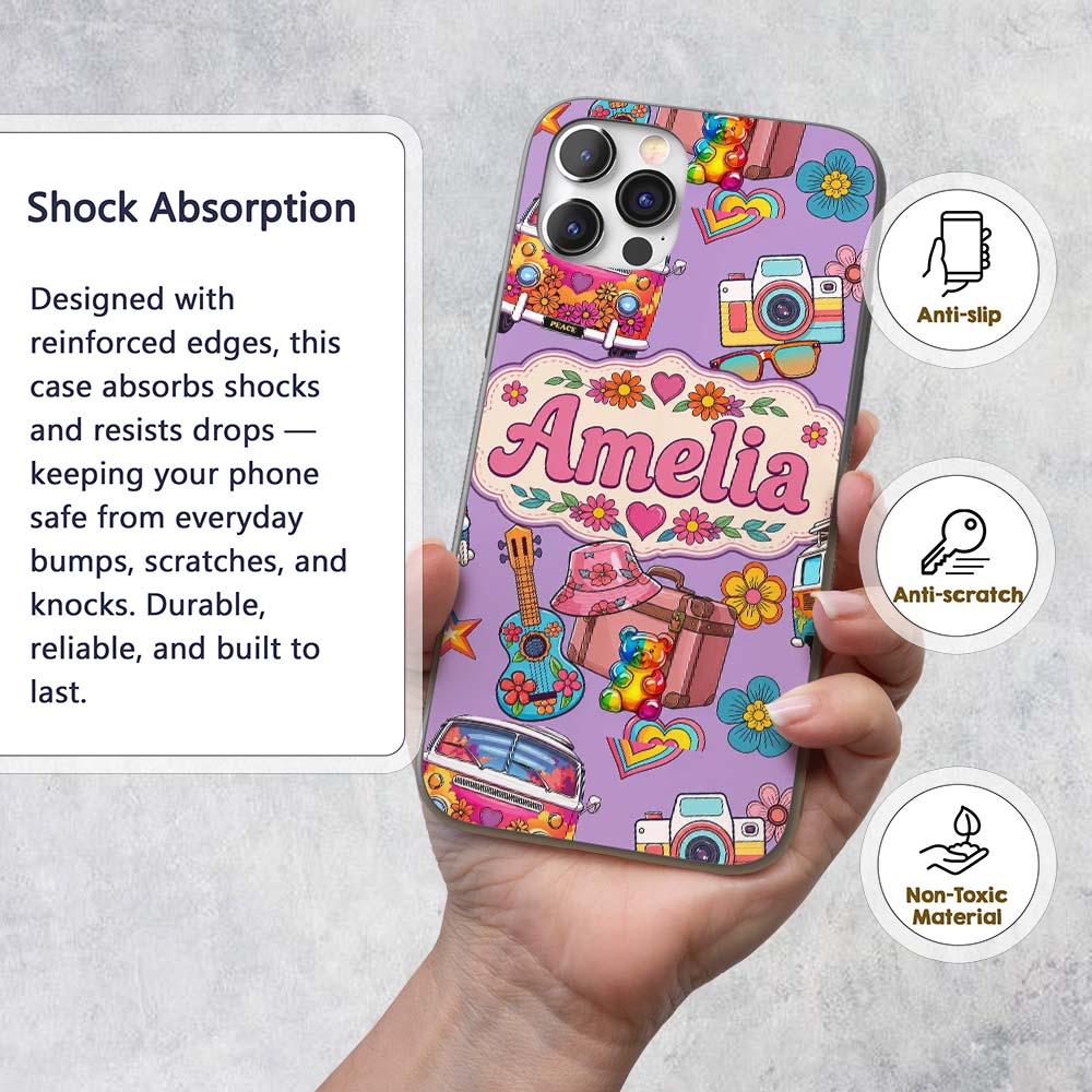 Hippie Van Guitar Floral Travel Purple Background Custom Name Protective Phone Case Mobile Cover Durable Everyday Smartphone Shock Resistant