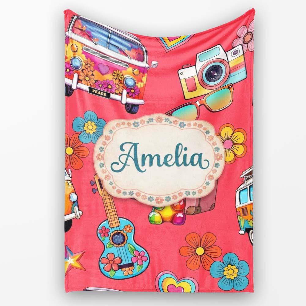 Hippie Van Camera Guitar Floral Travel Red Background Seamless  Personalised Custom Name Super Soft Fleece Blanket Bed Sofa Throw