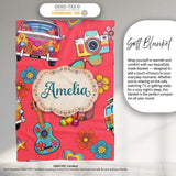Hippie Van Camera Guitar Floral Travel Red Background Seamless  Personalised Custom Name Super Soft Fleece Blanket Bed Sofa Throw