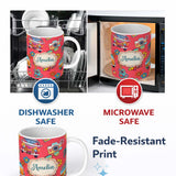Personalized Custom Name Hippie Van Camera Guitar Floral Travel Red Background Seamless 11oz Ceramic Coffee Tea Mug White Large Handle