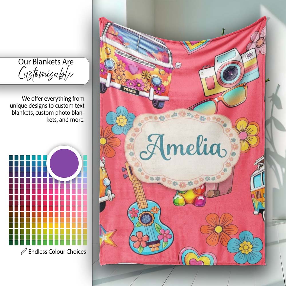 Hippie Van Camera Guitar Floral Travel Red Background Seamless  Personalised Custom Name Super Soft Fleece Blanket Bed Sofa Throw