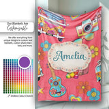 Hippie Van Camera Guitar Floral Travel Red Background Seamless  Personalised Custom Name Super Soft Fleece Blanket Bed Sofa Throw