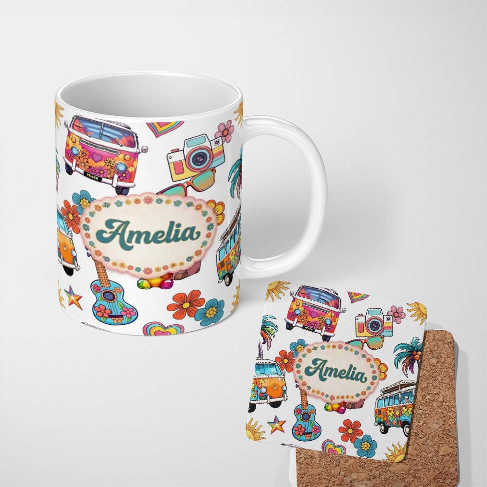 Personalized Custom Name Hippie Van Camera Guitar Floral Travel Grey Background Seamless 11oz Ceramic Coffee Tea Mug White Large Handle