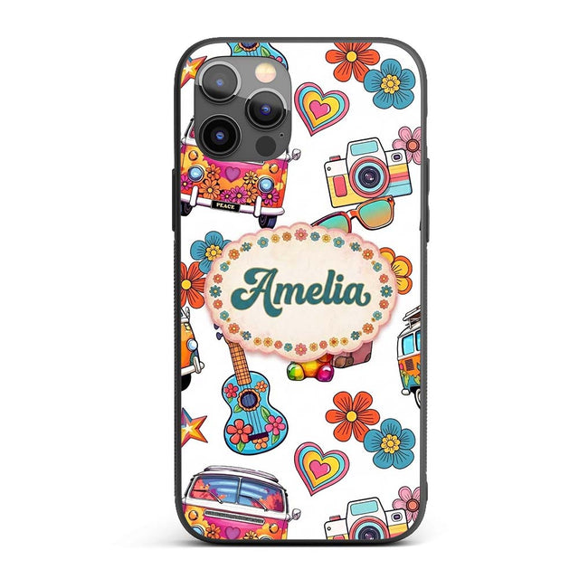Hippie Van Camera Guitar Floral Printed Design Custom Name Protective Phone Case Mobile Cover Durable Everyday Smartphone Shock Resistant