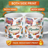 Personalized Custom Name Hippie Van Camera Guitar Floral Travel Grey Background Seamless 11oz Ceramic Coffee Tea Mug White Large Handle