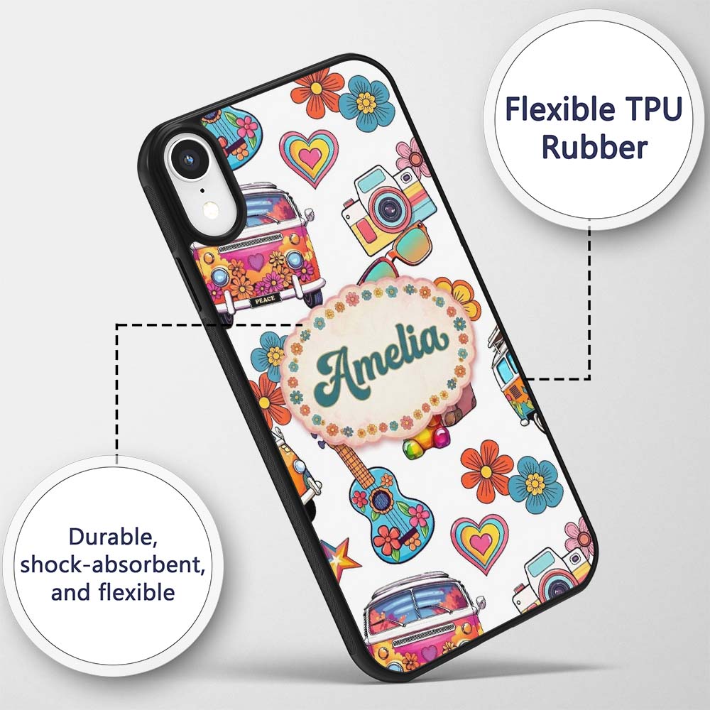 Hippie Van Camera Guitar Floral Printed Design Custom Name Protective Phone Case Mobile Cover Durable Everyday Smartphone Shock Resistant