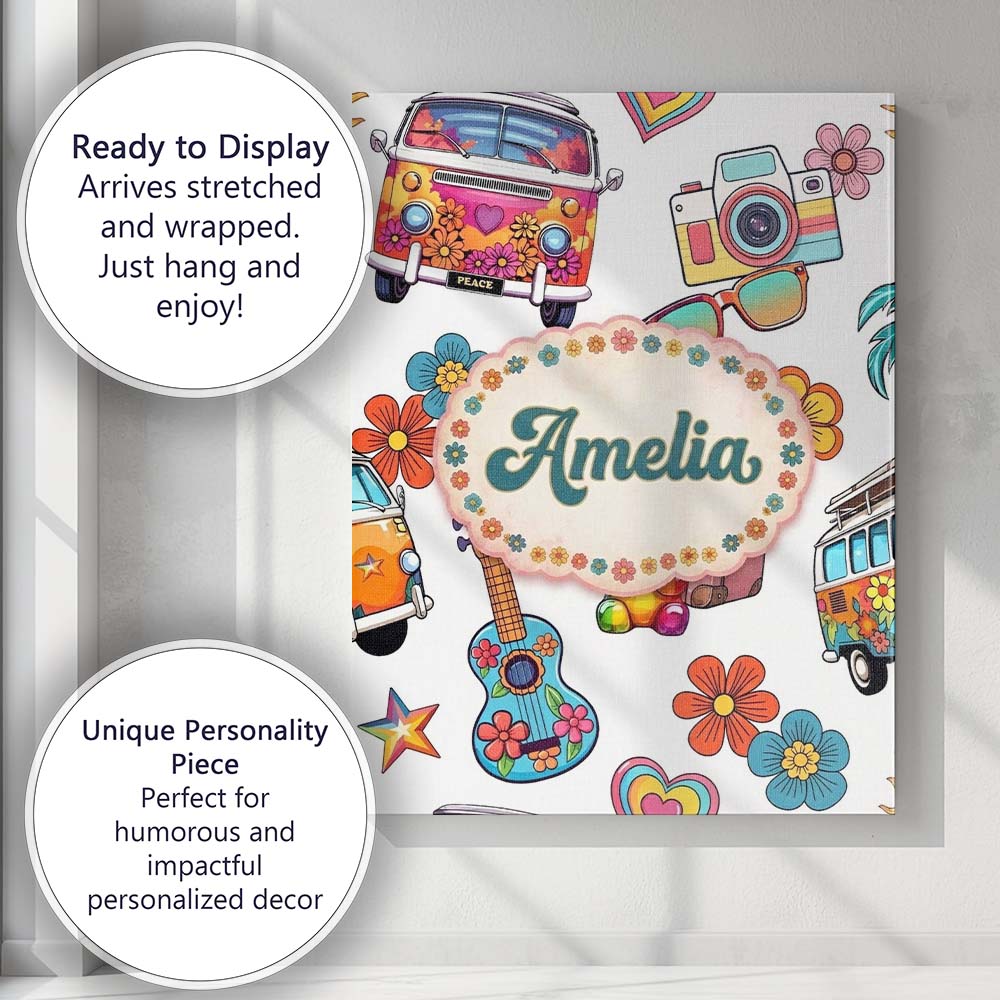 Personalised Name Hippie Van Camera Guitar Custom  Unique Gift Idea Elegant Feature Canvas Wall Art Print Decor Picture Ready to Hang