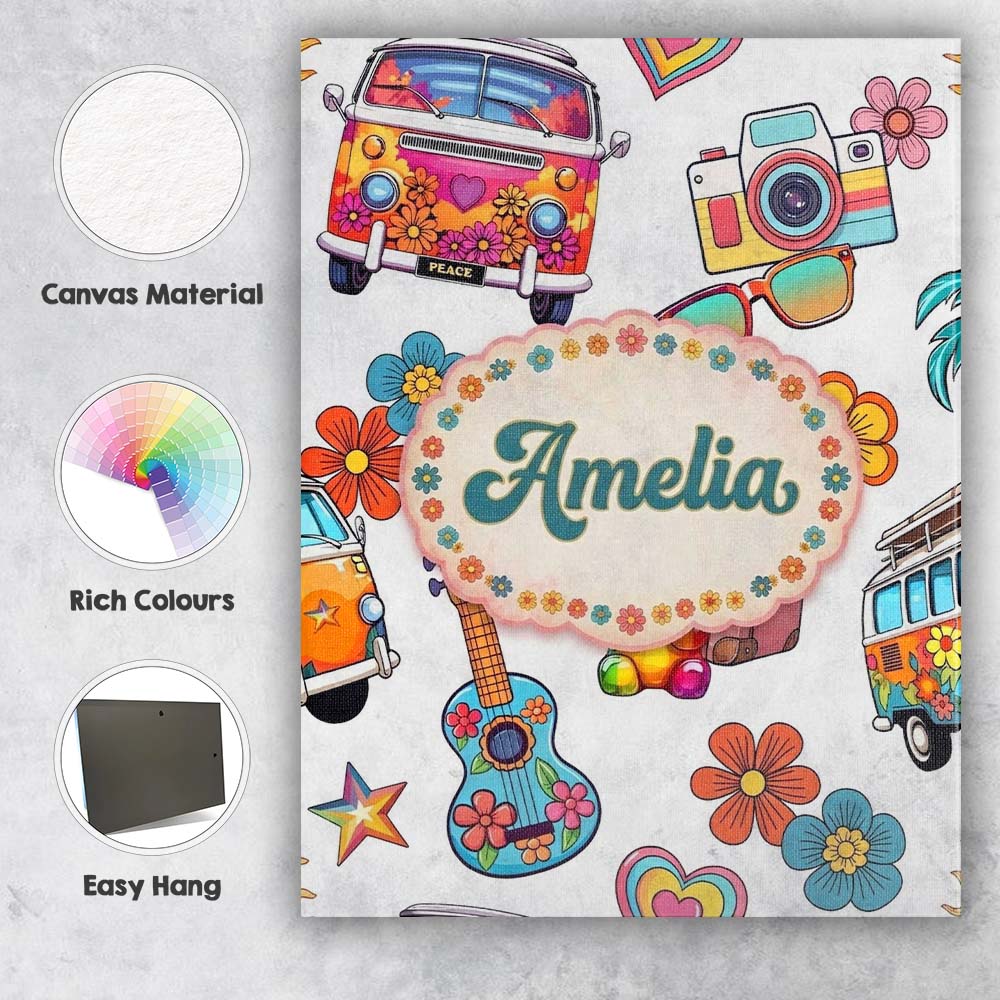 Personalised Name Hippie Van Camera Guitar Custom  Unique Gift Idea Elegant Feature Canvas Wall Art Print Decor Picture Ready to Hang